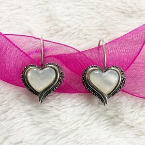 Vintage Thailand 925 Sterling Silver Mother of Pearl Heart Drop Earrings